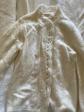 Sezane Cream Knit Cardigan with Lace Trim